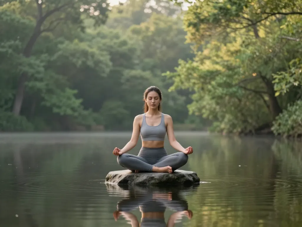 A peaceful scene of a woman sitting in a meditative pose on a stone in the middle of a calm forest lake, surrounded by lush trees and soft morning light. The image should convey holistic wellness, balance, mind-body-spirit connection, and tranquility. Water reflections, soft focus, natural colors.