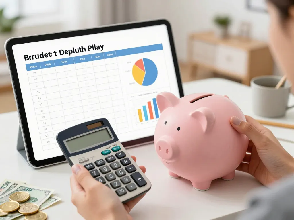 A person holding a piggy bank and a calculator, with a budget spreadsheet in the background, colorful charts, coins and banknotes, modern home office setting, bright and positive atmosphere, detailed illustration style.
