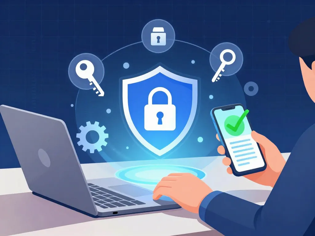 A modern digital illustration of a person sitting at a desk in front of a glowing laptop, surrounded by icons representing data protection: a shield with a lock, a key, a gear, and a green checkmark. The background is a dark blue cyber grid with subtle binary code. The person has one hand hovering over the keyboard, the other holding a smartphone with a privacy settings screen. The style is flat vector with vibrant holographic accents, clean and professional.