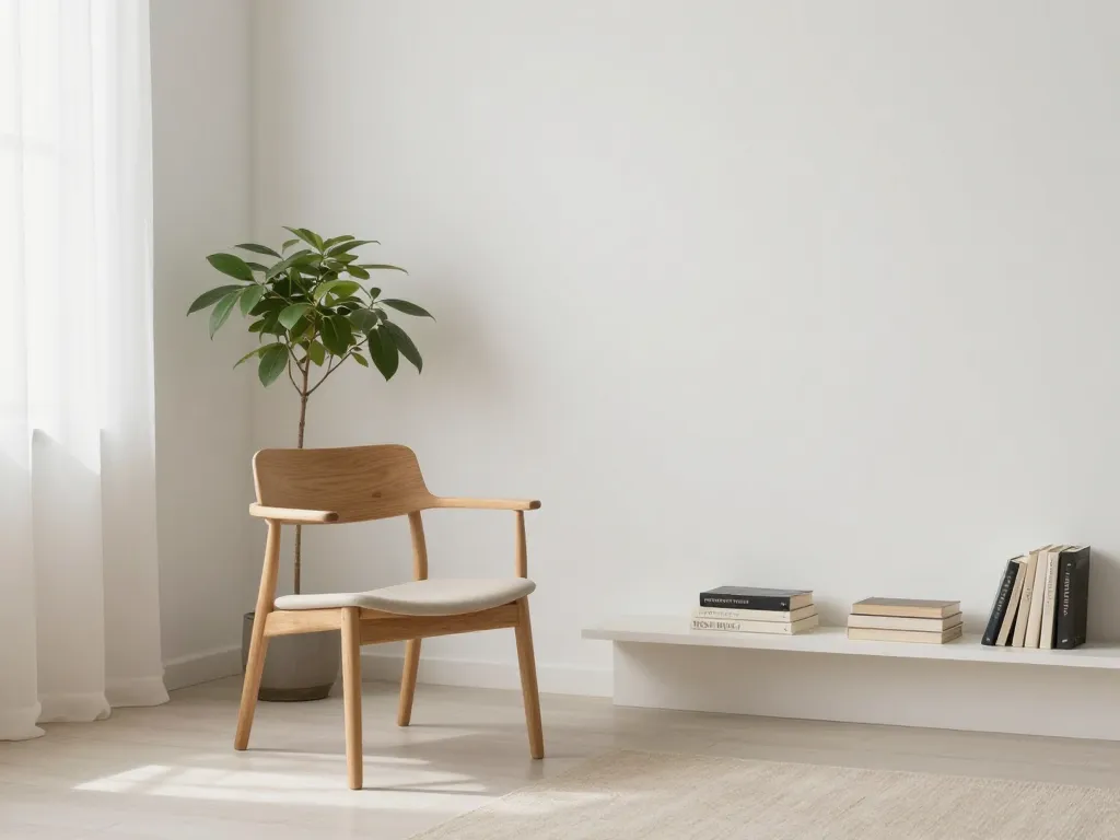 A serene and airy living room with natural light, white walls, a single wooden chair, a green plant, and a few carefully placed books on a low shelf. Soft textures and a calm, uncluttered atmosphere evoke peace and simplicity. No digital screens, soft beige tones.
