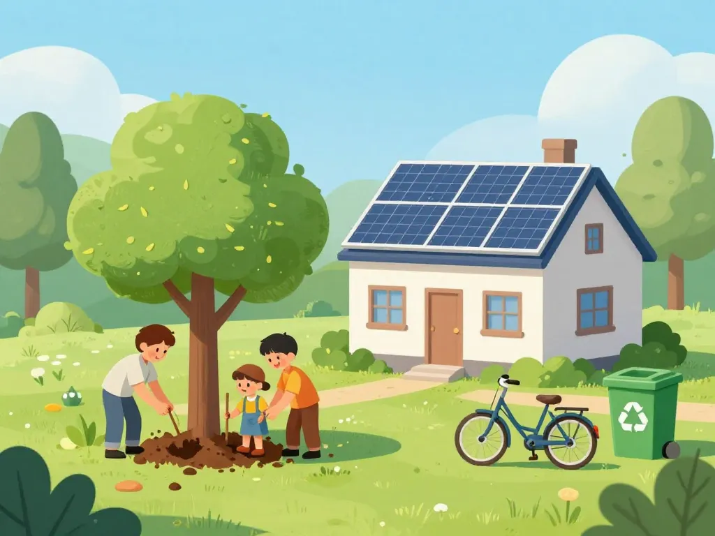 A colorful illustration of a sustainable lifestyle scene: a family planting a tree, solar panels on a house, a bicycle, a compost bin, and a recycling bin, in a bright green park with a blue sky.