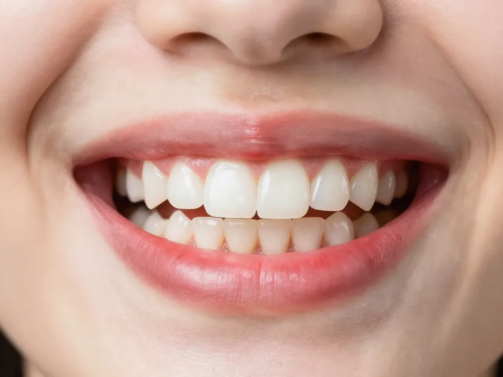 A close-up, high-quality photo of a person's mouth, showing healthy pink gums and white teeth, but with a slight redness and swelling on the lower gum line, suggesting gingivitis. The image is well-lit, with a realistic and clean appearance, as if taken in a dentist's office. Soft focus on the background, emphasizing the gums.