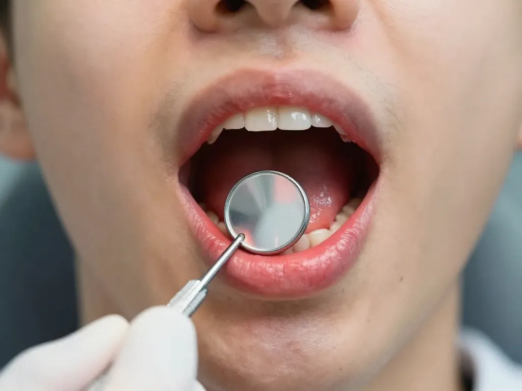 A close-up of a person's mouth showing inflamed red gums with visible swelling and a dental mirror held by a dentist, soft lighting, clinical setting, realistic style, high detail, warm tones to emphasize inflammation, dental tools in background