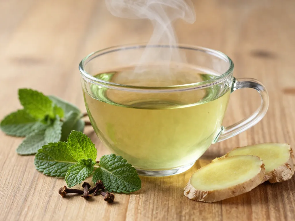 A close-up of a steaming cup of green tea on a wooden table, with fresh mint leaves and a few whole cloves scattered around, next to a sprig of sage and a slice of ginger. Soft natural light, warm tones, health and wellness concept.